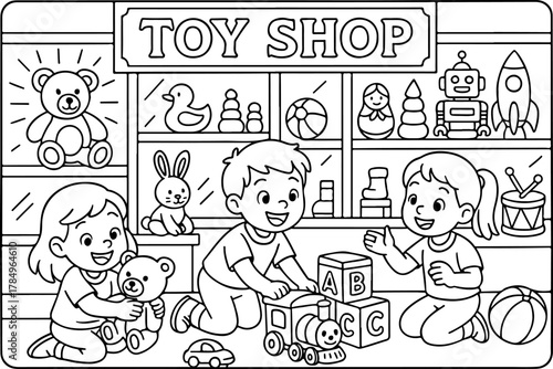 hand drawn vector illustration of kids playing with toys coloring page for kid