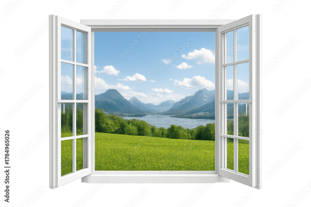 Obraz premium Open white window offering a scenic summer landscape view with mountains, lake, and green meadow on transparent background