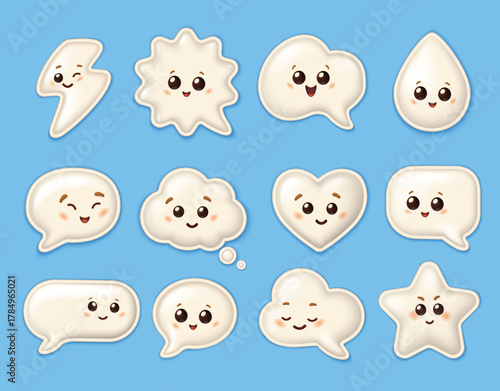 Cute 3D kawaii puffy glossy stickers with smiling faces in various shapes on blue background.