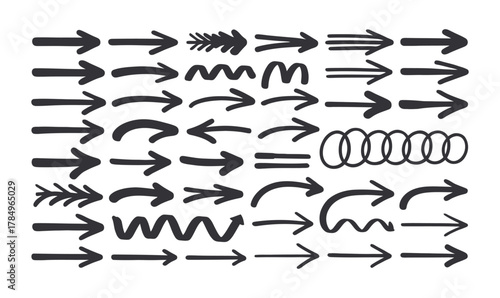 Hand drawn brushstroke arrow collection. doodle sketch pointers for graphic design, navigation and user interface elements. Vector