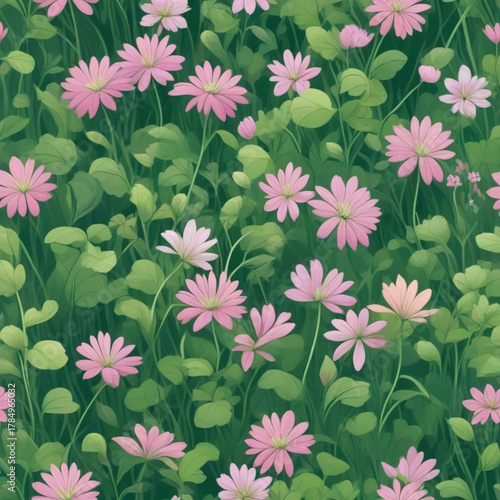 Delicate Pink Anemone Flowers Blooming Abundantly in a Lush Green Meadow Background