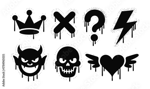 Collection of diverse graffiti spray paint symbols featuring crown, x mark, question mark, lightning, devil, skull, winged heart Vector