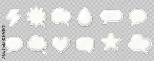 Realistic white 3D speech bubble stickers on transparent checkered background, glossy shapes for design and chat templates.