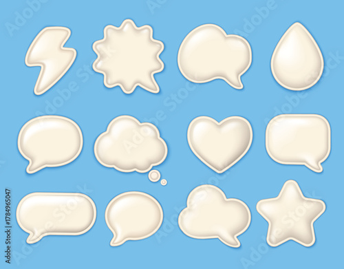 Realistic 3D white puffy glossy stickers with soft creamy texture on blue background.