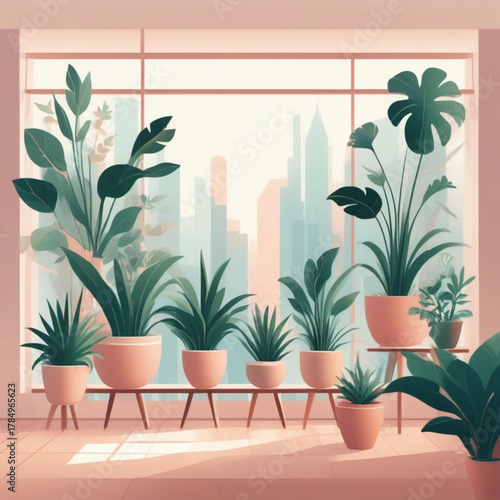 Urban Oasis A Serene Collection of Lush Green Indoor Plants Near a Large Window with City Views