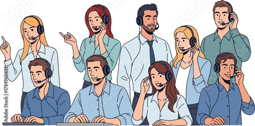 Group of diverse customer service representatives with headsets