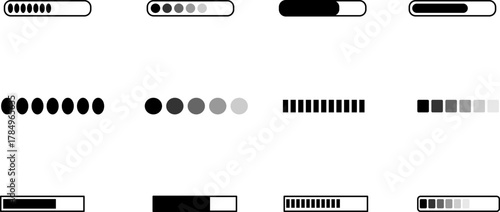 Set of loading bar icons and progress indicators, concept of wait and storage status for software user interfaces, graphic elements for digital processing and downloading