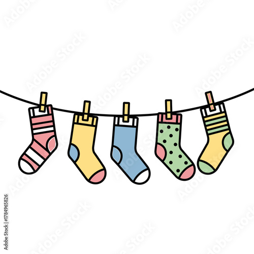 Five colorful cartoon socks with various patterns hanging on a clothesline with clothespins against a white background.