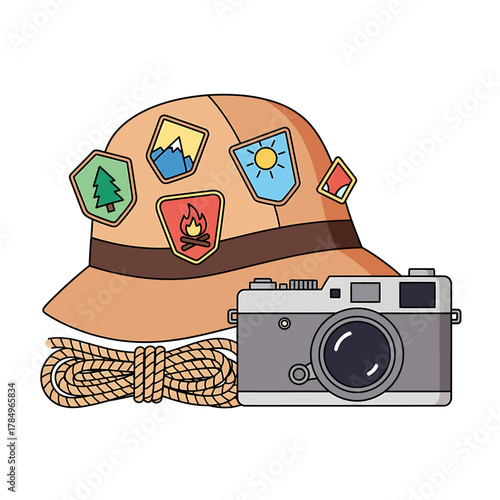 Illustration of a pith helmet with badges, a vintage camera, and a rope, evoking travel and adventure.