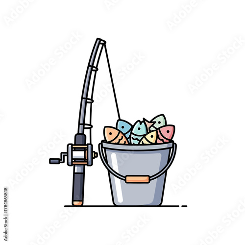 A fishing rod stands next to a bucket overflowing with colorful fish.