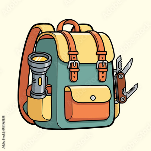 A detailed illustration of a backpack with a flashlight and a multi-tool.