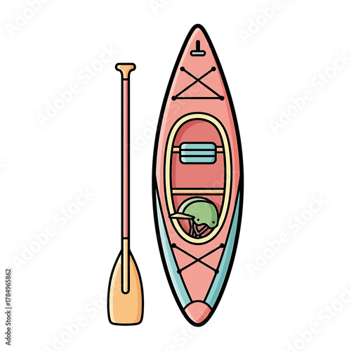 Illustration of a pink kayak with a paddle and a helmet inside.