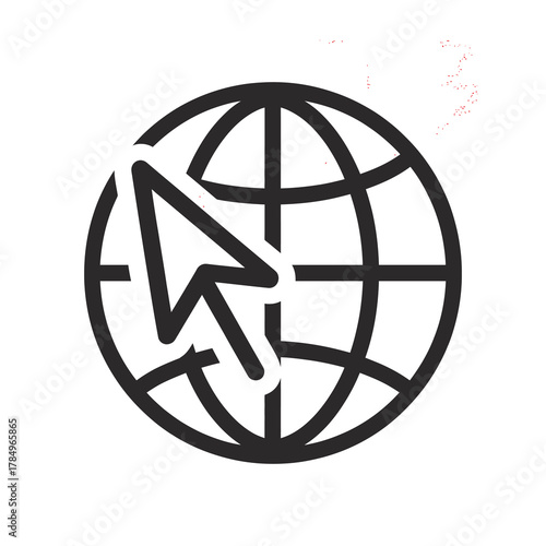 Global internet connection and web navigation icon, mouse cursor on a world globe, symbolizing digital reach globally. Vector