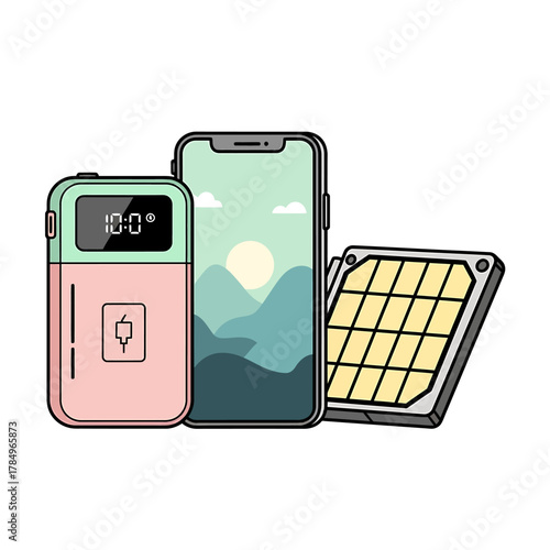 A smartphone, portable power bank, and solar panel charger depicted in a modern flat illustration style.