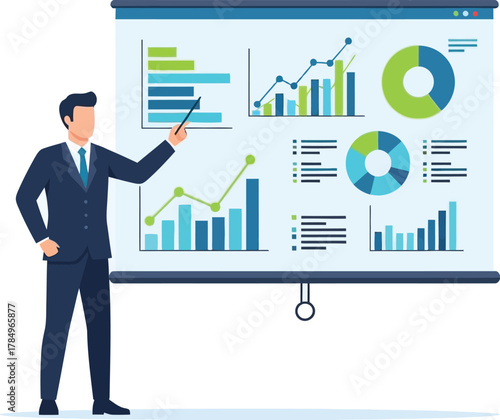 Businessman presenting financial data on a projection screen