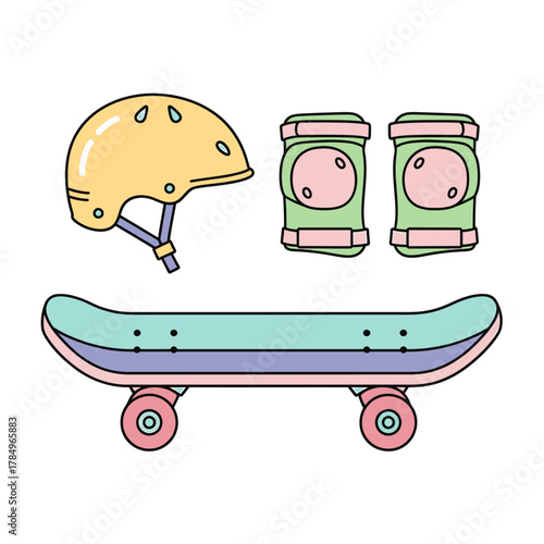Skateboard with protective gear including a helmet and knee pads in a simple cartoon style, ready for action and safety.
