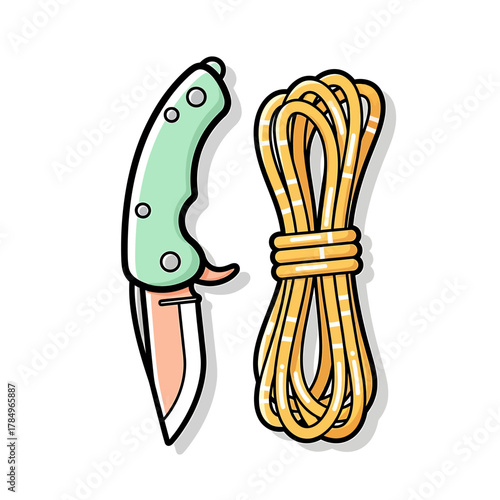 A drawing of a folding knife with a green handle and a bundle of rope.