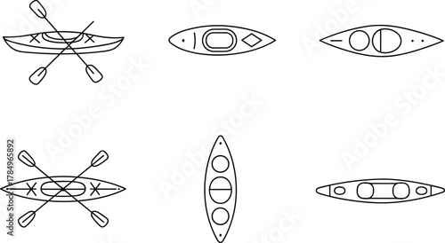 Set of kayak icons with paddles, canoe boat outline, water sport design, adventure symbol, outdoor recreation vector illustration