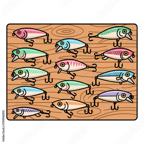 A collection of colorful fishing lures arranged on a wooden surface, showcasing various designs.