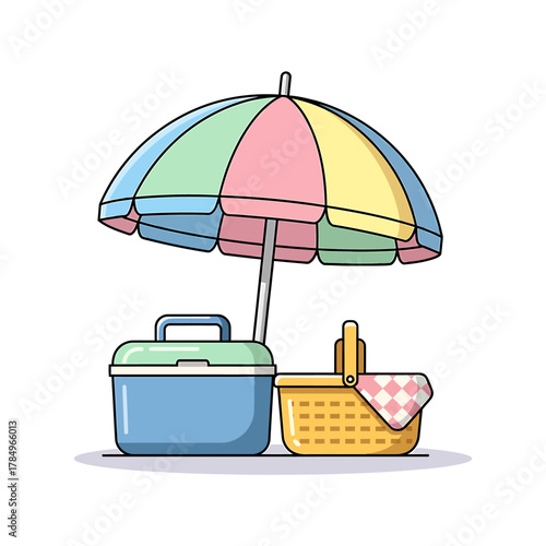 Illustration of a picnic basket, cooler, and beach umbrella on a white background.