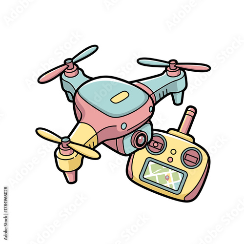 A colorful cartoon illustration of a modern quadcopter drone with its remote control unit.