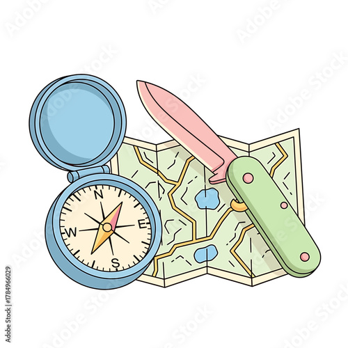 A detailed illustration of a compass and a folding knife placed on a folded map, suggesting adventure and exploration.
