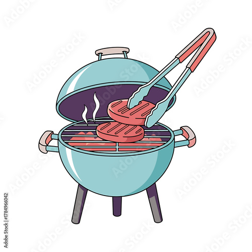 A detailed illustration of a barbecue grill with two patties being placed on the grill using tongs.