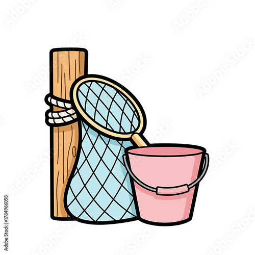 Cartoon illustration of fishing equipment with a net, pink bucket, and wooden post.