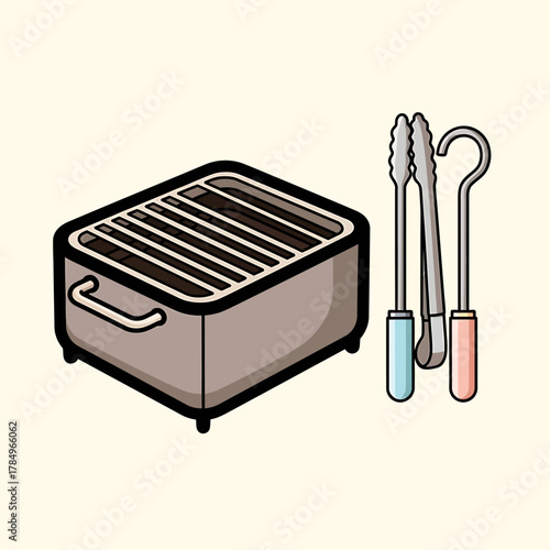A simple illustration of a portable barbecue grill with cooking utensils, including tongs and a fork.