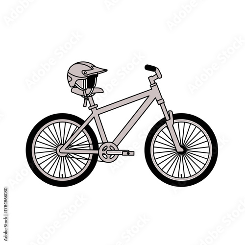 A side profile illustration of a grey mountain bike with a safety helmet resting on the saddle.