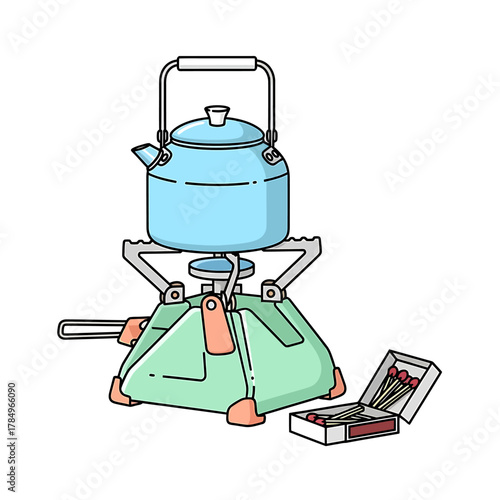 A light blue kettle sits on a portable camping stove next to an open box of matches.
