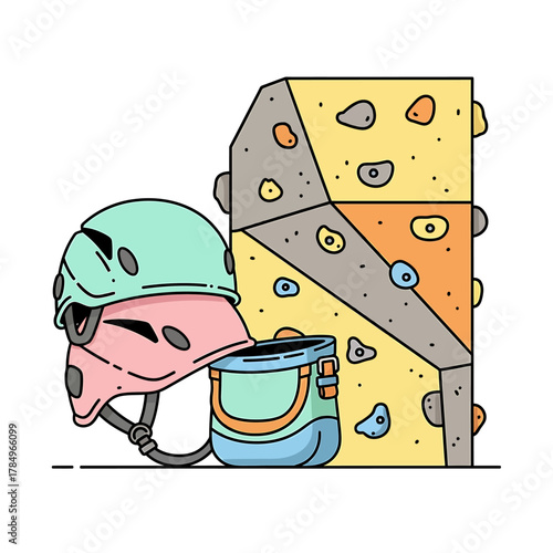 Illustration of climbing wall with helmet and chalk bag, climbing equipment.