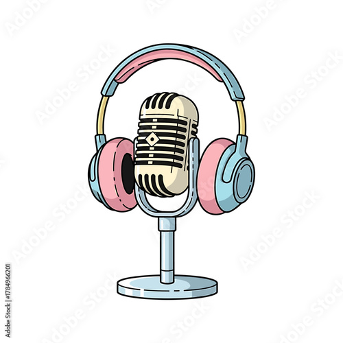 A retro-style studio microphone with pastel pink and blue headphones on a stand, symbolizing audio recording and broadcasting.