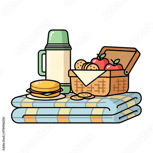 A picnic scene featuring a basket, food, a thermos, and a blanket, ready for enjoyment.