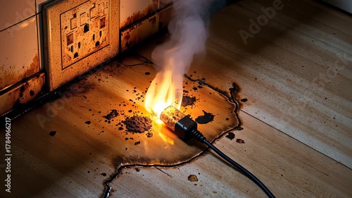 Electrical Hazard Ignites Due to Malfunctioning Plug Sparking Fire on Wooden Floor Beneath Faulty Outlet with Smoking Sparks and Scorch Marks Visible