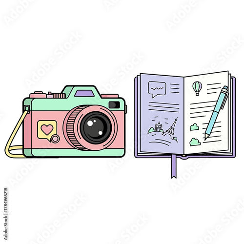 Illustration of a pink and green camera next to an open journal with a pen, suggesting travel and memories.