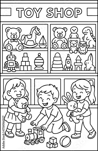 hand drawn vector illustration of kids playing with toys coloring page for kid
