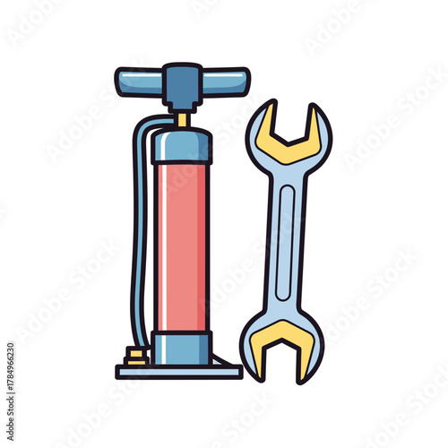 A vector illustration of a manual air pump and a double-ended wrench side by side.