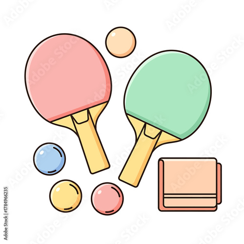 Two colorful ping pong paddles with balls and a towel, illustrating a table tennis game.