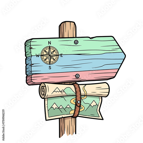 A colorful wooden signpost with a compass rose pointing right, and a rolled-up map showing mountains and a path tied to its base, symbolizing adventure and direction.