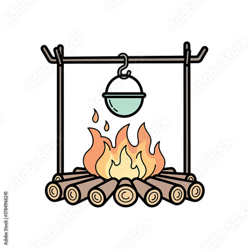 A campfire with a pot hanging above it, ready to cook food for camping.