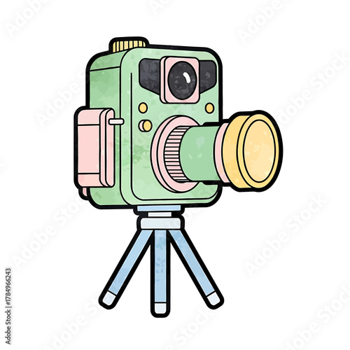Illustration of a vintage video camera on a tripod, rendered in a cartoon style with textured surfaces.