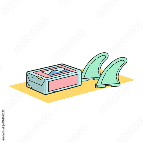 A cartoon illustration of a bar of surf wax and two surfboard fins on a yellow mat.
