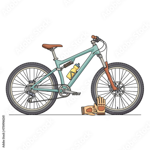 A detailed illustration of a teal full-suspension mountain bike with a yellow water bottle and brown cycling gloves.