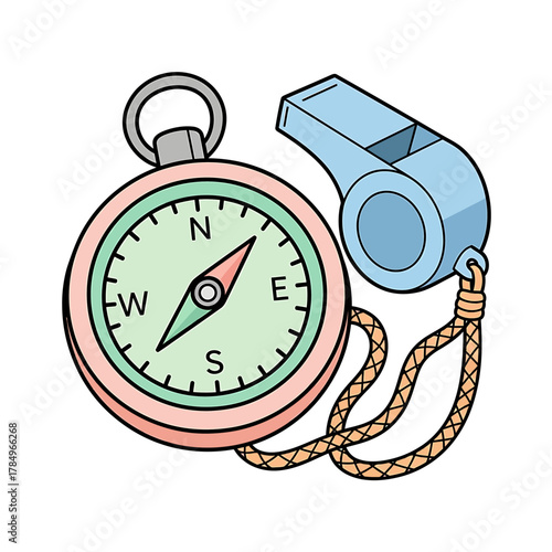 A cartoon illustration of a pink and green compass with a blue whistle attached by a brown cord.