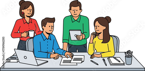 Team collaborating around a table with laptop and documents