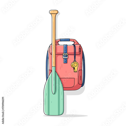 Illustration of a paddle leaning against a pink backpack with a whistle.