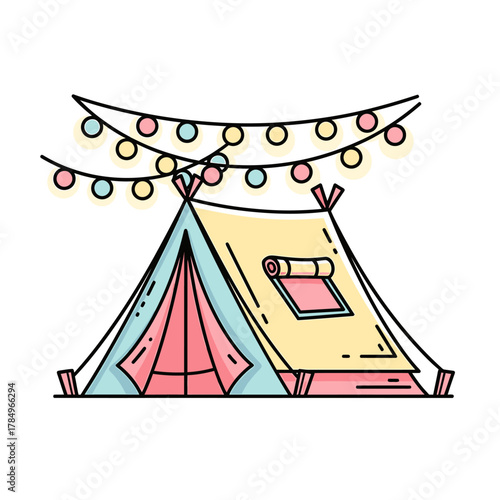 A cute cartoon illustration of a camping tent decorated with a string of festive lights, isolated on a white background.