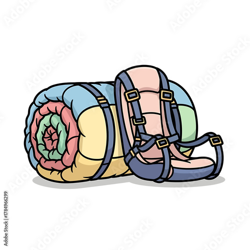 A rolled-up sleeping bag with straps attached to a backpack, ready for outdoor adventures.