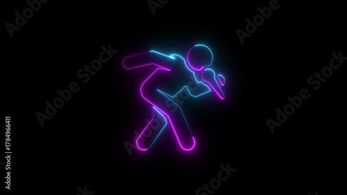 Neon silhouette person singing karaoke at arcade machine glowing  light on black background abstract. glowing neon Speaker man icon. motion graphic animation video. on black background.